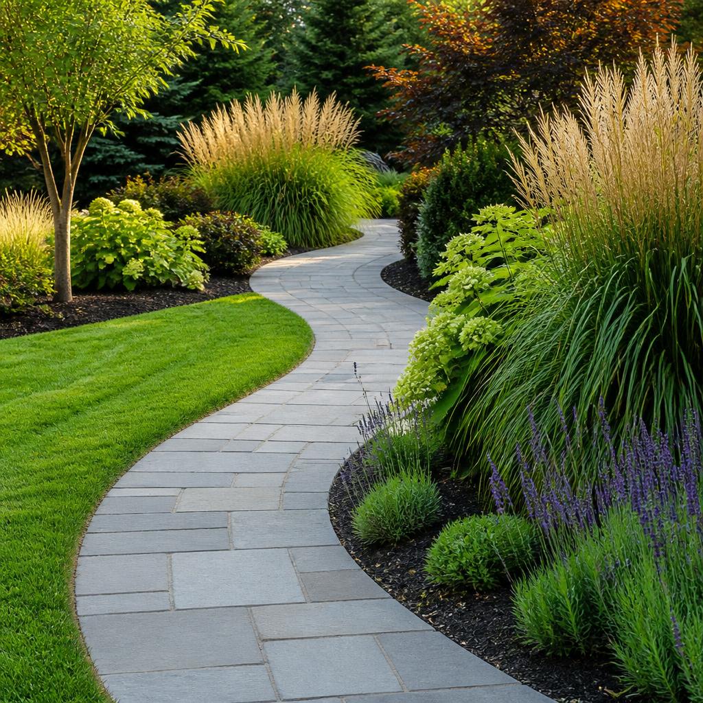 Gepflasterter Gartenweg mit Bepflanzung